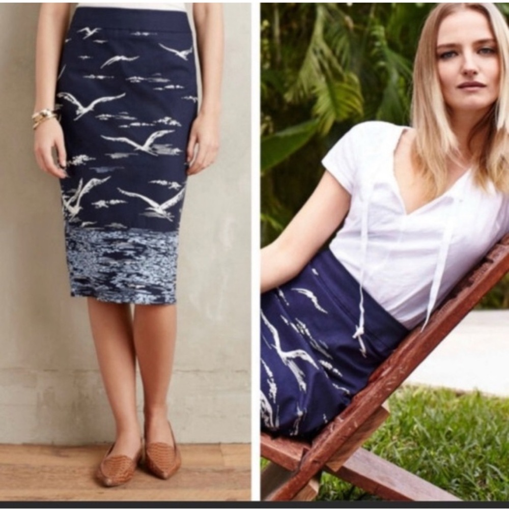 Anthropologie  *rare and unique* Navy Blue Bird Print Women's Skirt